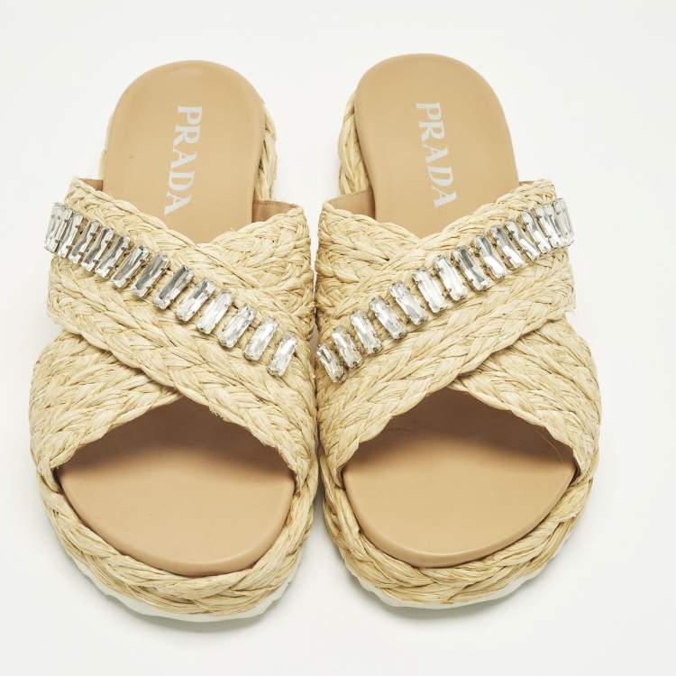 Pre Owned Prada Size 36 Beige Raffia Crisscross Crystal Embellished Flat Slides