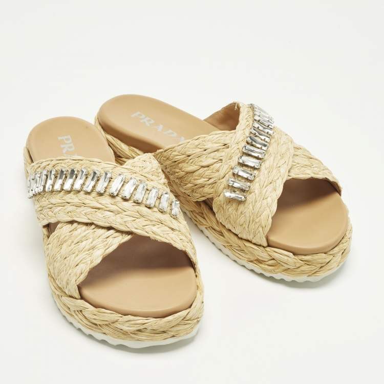 Pre Owned Prada Size 36 Beige Raffia Crisscross Crystal Embellished Flat Slides
