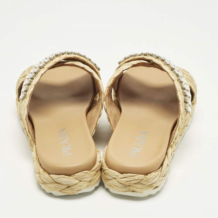 Pre Owned Prada Size 36 Beige Raffia Crisscross Crystal Embellished Flat Slides