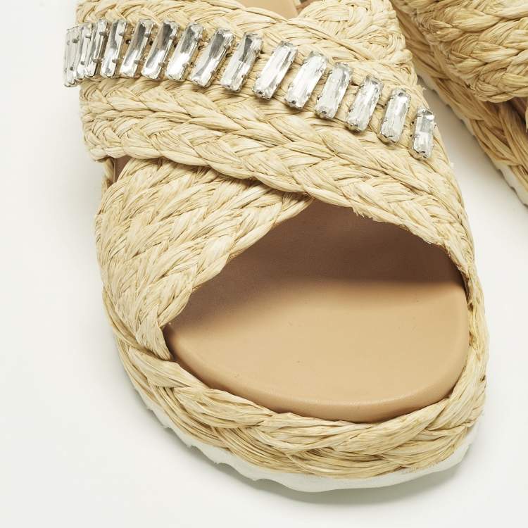 Pre Owned Prada Size 36 Beige Raffia Crisscross Crystal Embellished Flat Slides
