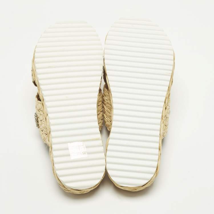 Pre Owned Prada Size 36 Beige Raffia Crisscross Crystal Embellished Flat Slides