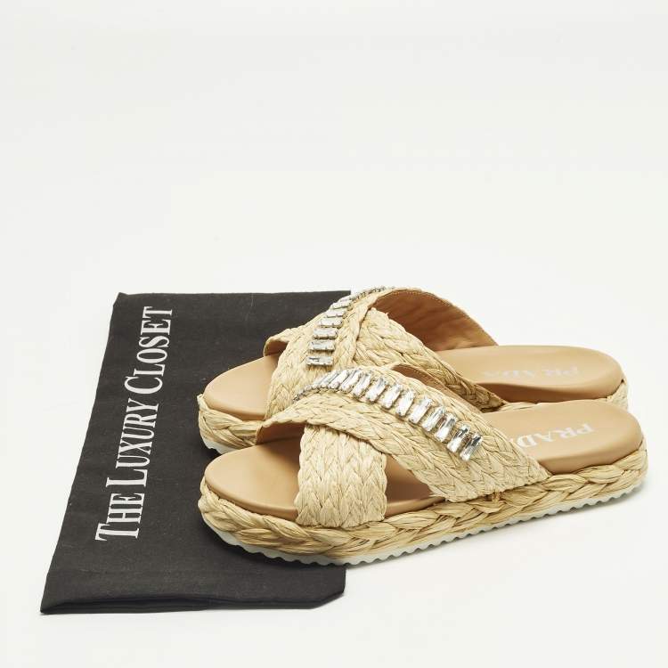 Pre Owned Prada Size 36 Beige Raffia Crisscross Crystal Embellished Flat Slides