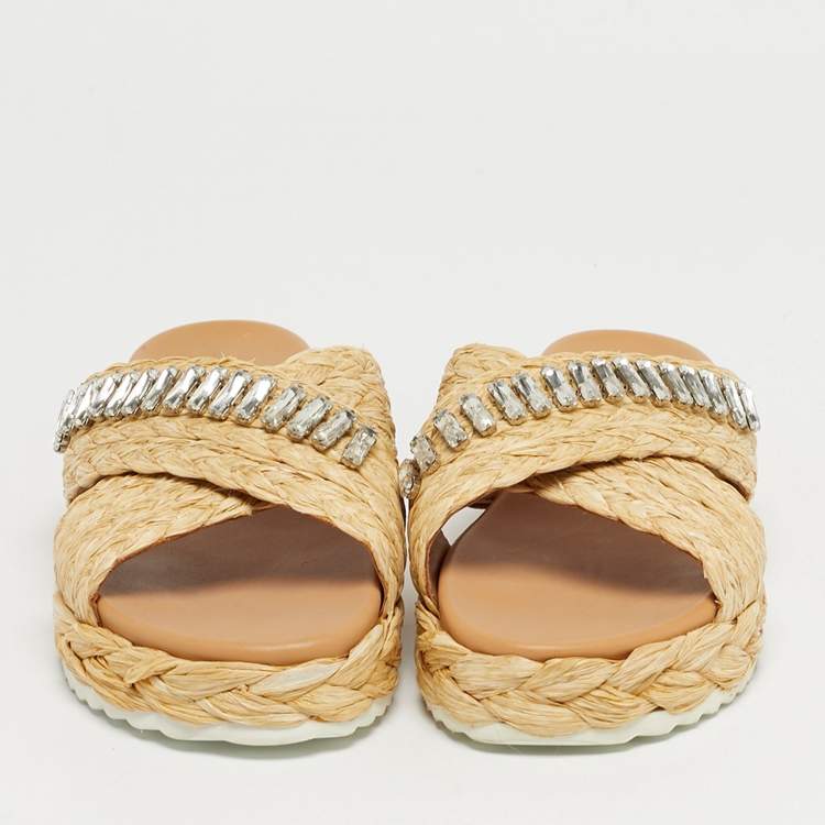 Pre Owned Prada Beige Raffia Crystal Embellished Platform Slide Sandals Size 36 