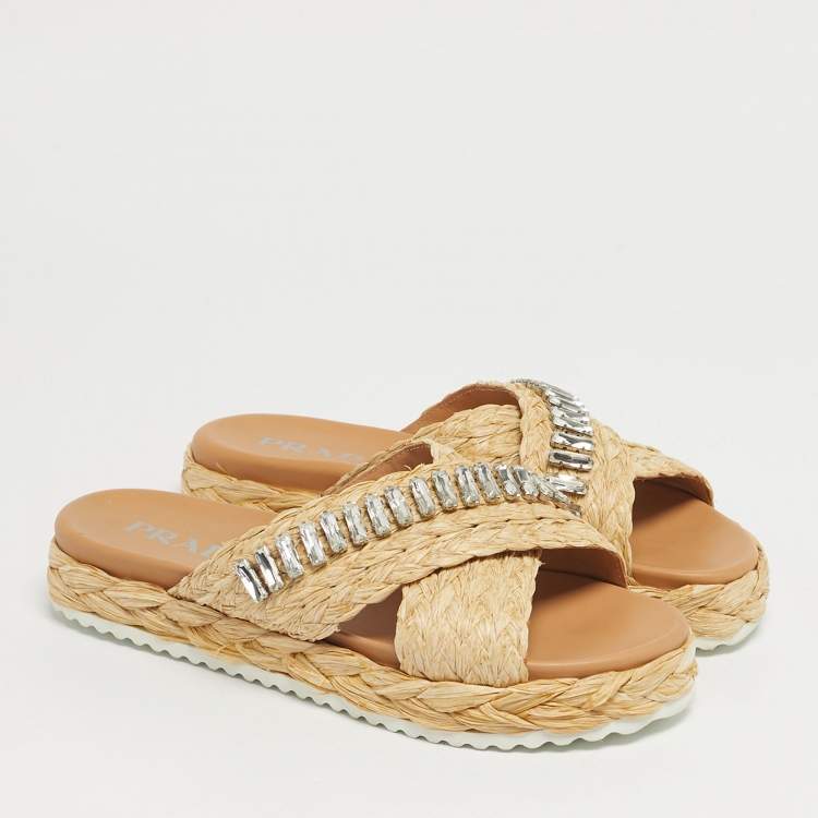 Pre Owned Prada Beige Raffia Crystal Embellished Platform Slide Sandals Size 36 