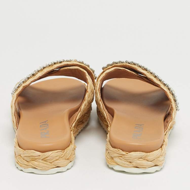 Pre Owned Prada Beige Raffia Crystal Embellished Platform Slide Sandals Size 36 