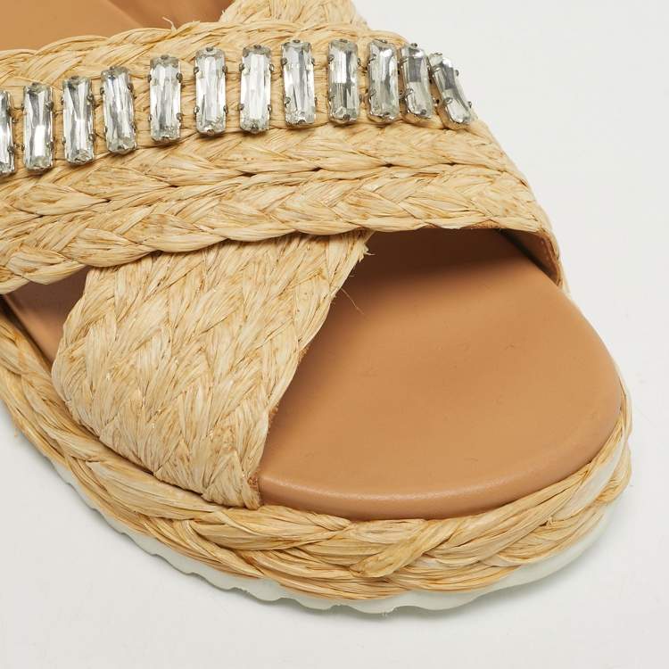Pre Owned Prada Beige Raffia Crystal Embellished Platform Slide Sandals Size 36 