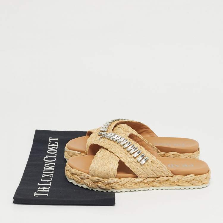 Pre Owned Prada Beige Raffia Crystal Embellished Platform Slide Sandals Size 36 