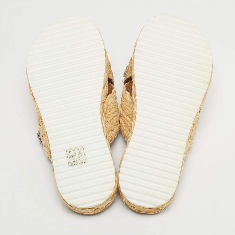 Pre Owned Prada Beige Raffia Crystal Embellished Platform Slide Sandals Size 36 