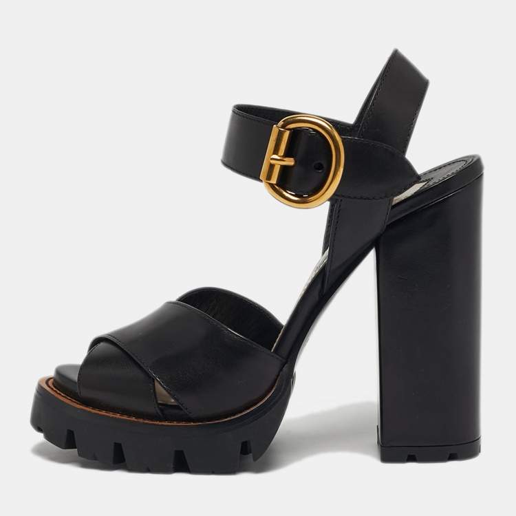 Pre Owned Prada Size 38.5 Black Leather Ankle Strap Block Heel Sandals
