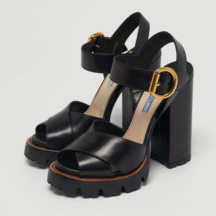Pre Owned Prada Size 38.5 Black Leather Ankle Strap Block Heel Sandals