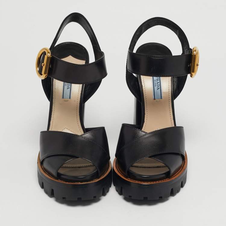 Pre Owned Prada Size 38.5 Black Leather Ankle Strap Block Heel Sandals