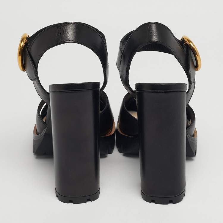 Pre Owned Prada Size 38.5 Black Leather Ankle Strap Block Heel Sandals