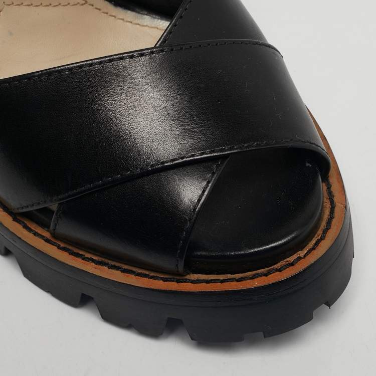 Pre Owned Prada Size 38.5 Black Leather Ankle Strap Block Heel Sandals