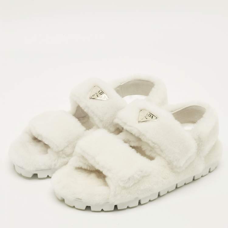 Pre Owned Prada Size 39.5 White Shearling Fur Flat Sandals