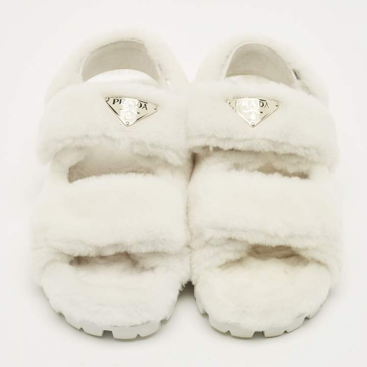 Pre Owned Prada Size 39.5 White Shearling Fur Flat Sandals