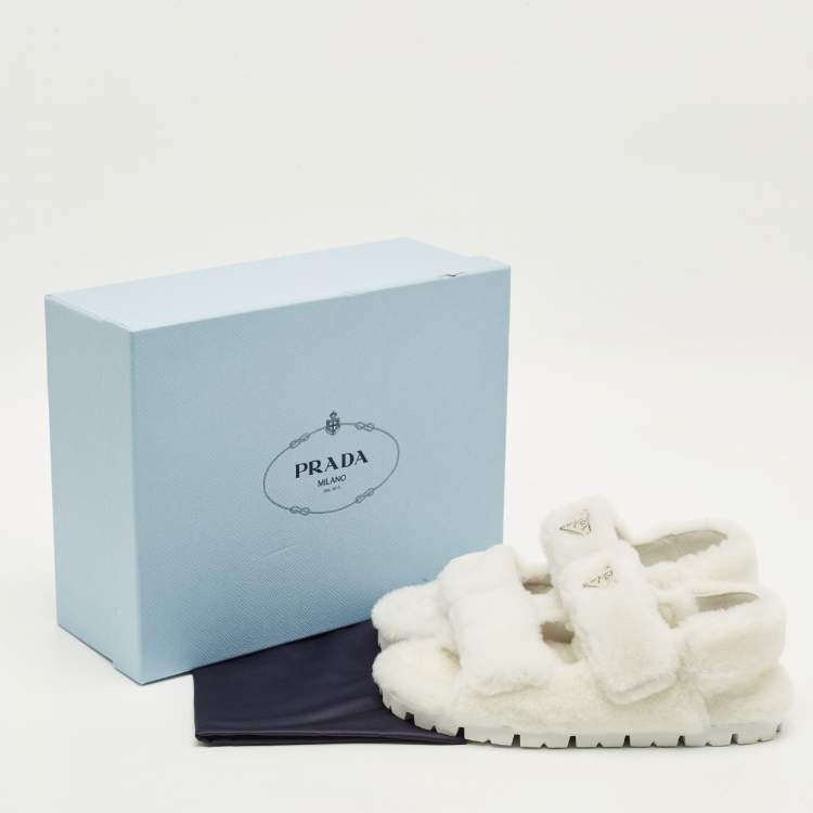 Pre Owned Prada Size 39.5 White Shearling Fur Flat Sandals