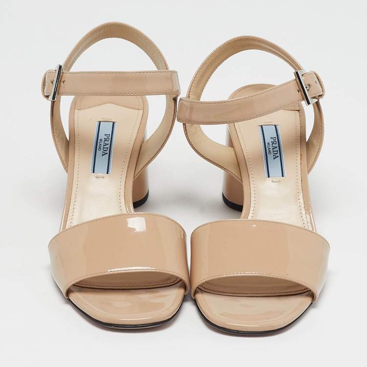 Pre Owned Prada Size 36 Beige Patent Leather Block Heel Ankle Strap Sandals