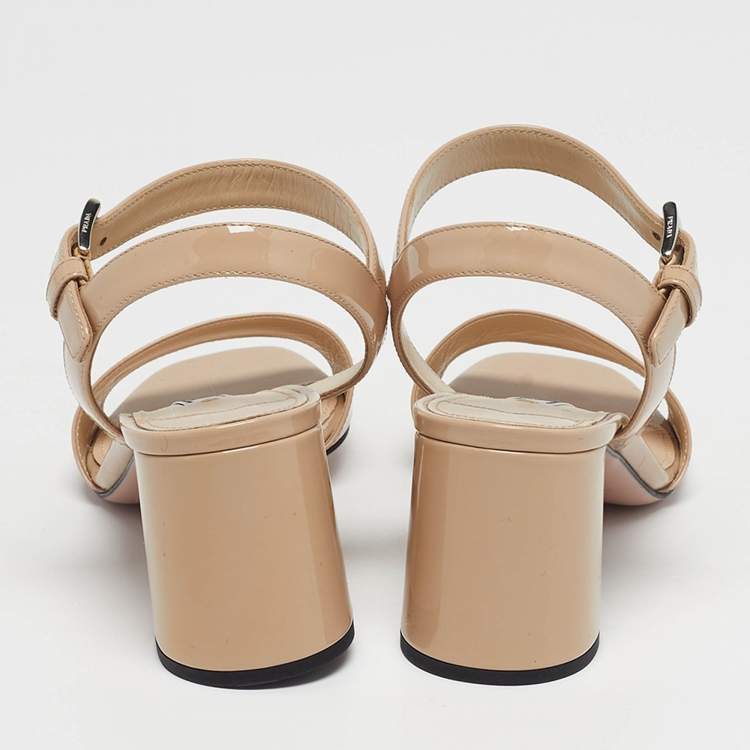 Pre Owned Prada Size 36 Beige Patent Leather Block Heel Ankle Strap Sandals
