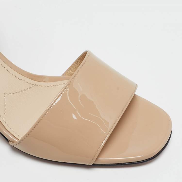 Pre Owned Prada Size 36 Beige Patent Leather Block Heel Ankle Strap Sandals