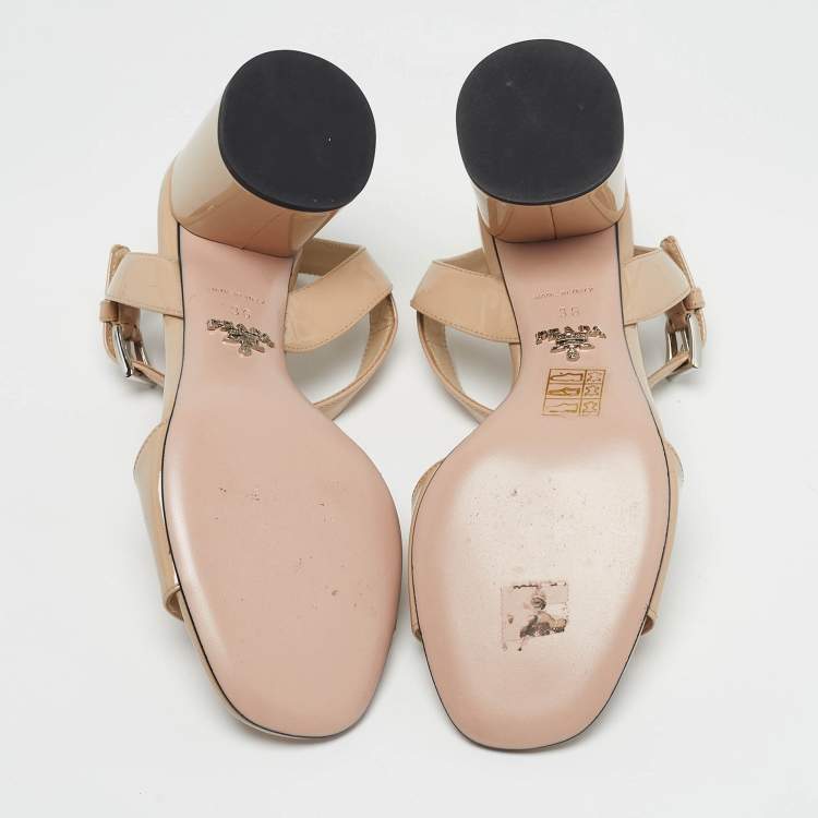 Pre Owned Prada Size 36 Beige Patent Leather Block Heel Ankle Strap Sandals
