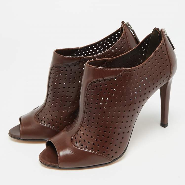 Pre Owned Prada Size 40.5 Brown Perforated Leather Ankle Length Booties