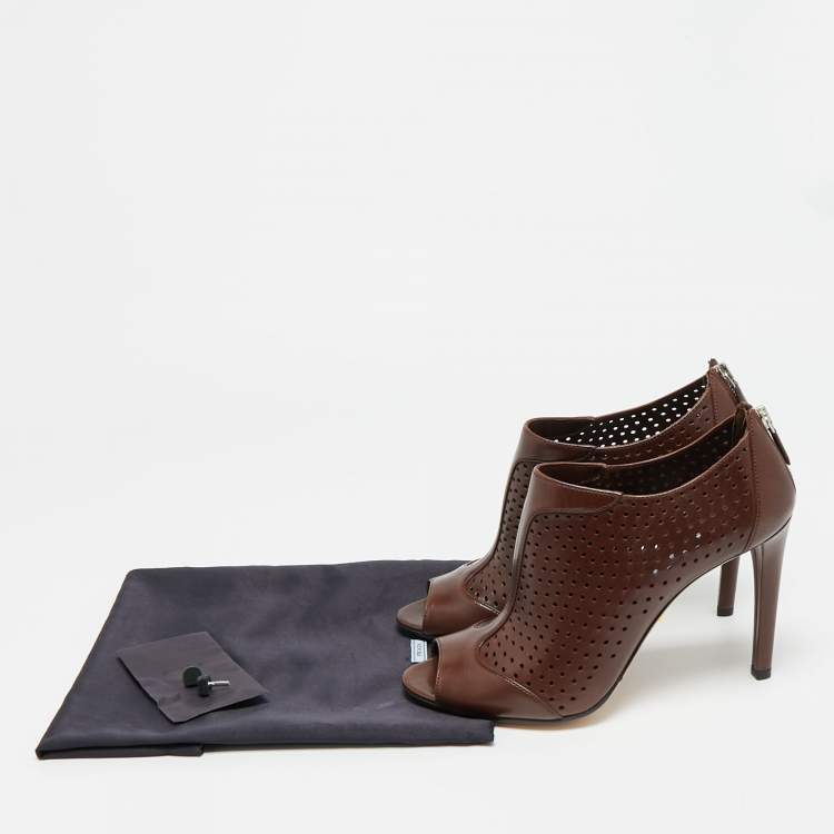 Pre Owned Prada Size 40.5 Brown Perforated Leather Ankle Length Booties