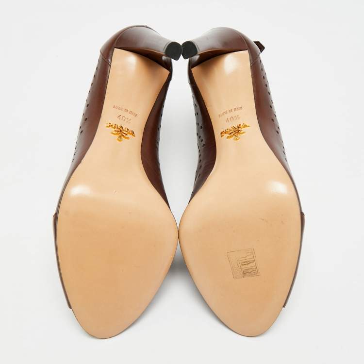 Pre Owned Prada Size 40.5 Brown Perforated Leather Ankle Length Booties