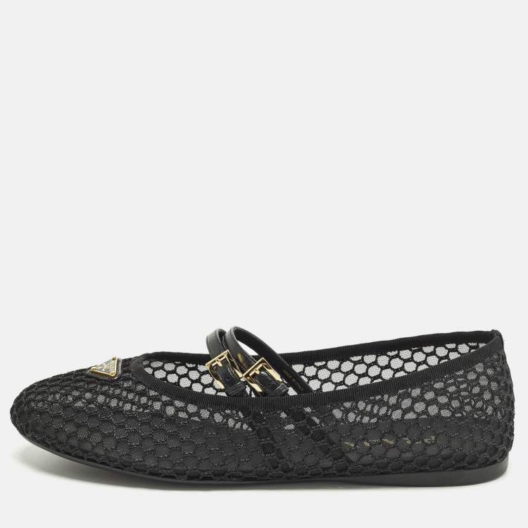 Pre Owned Prada Mary Jane Size 41 Black Leather and Mesh Logo Ballet Flats