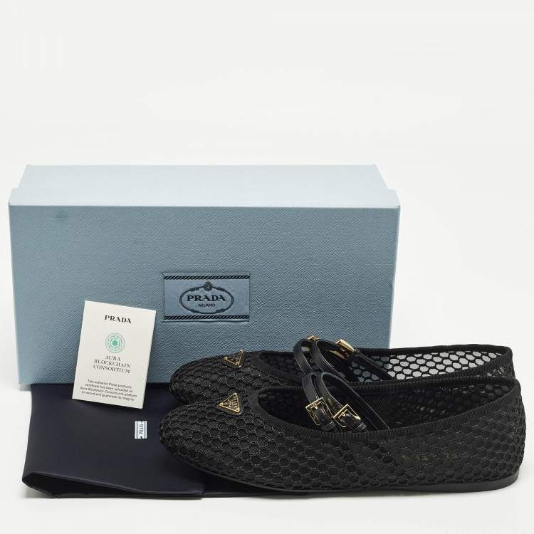 Pre Owned Prada Mary Jane Size 41 Black Leather and Mesh Logo Ballet Flats