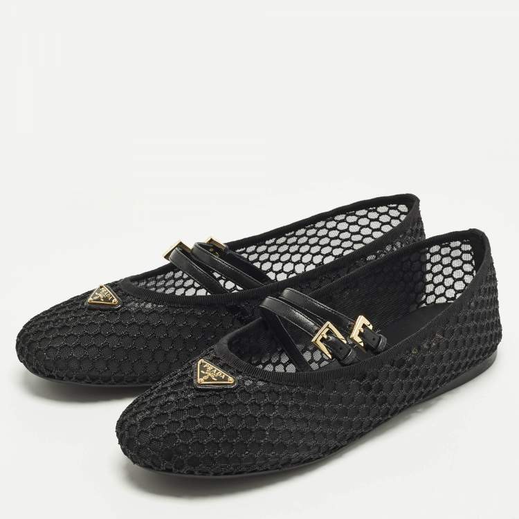Pre Owned Prada Mary Jane Size 41 Black Leather and Mesh Logo Ballet Flats