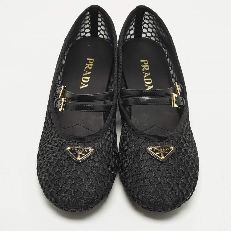 Pre Owned Prada Mary Jane Size 41 Black Leather and Mesh Logo Ballet Flats