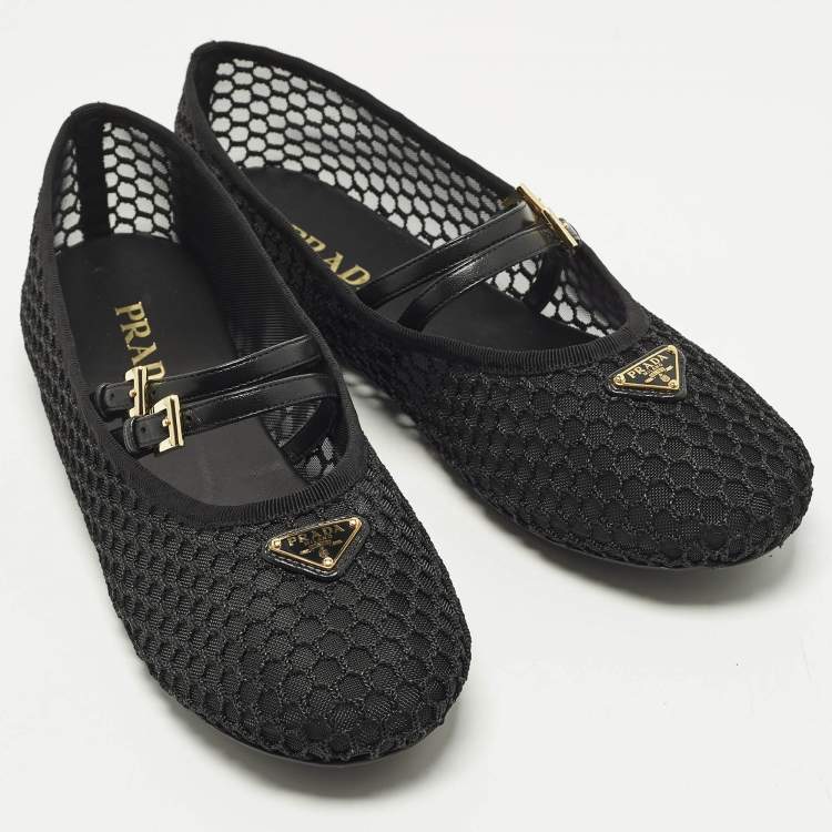 Pre Owned Prada Mary Jane Size 41 Black Leather and Mesh Logo Ballet Flats