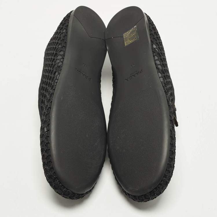 Pre Owned Prada Mary Jane Size 41 Black Leather and Mesh Logo Ballet Flats