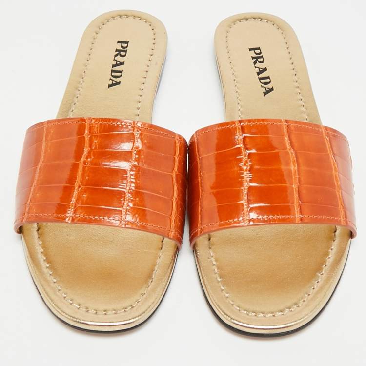 Pre Owned Prada Size 37.5 Brown Croc Embossed Leather Flat Slide