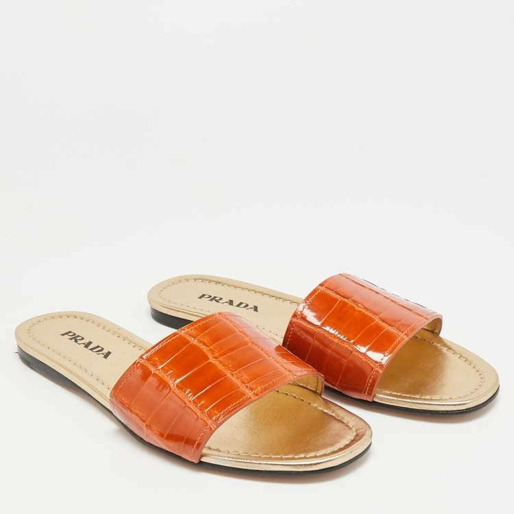 Pre Owned Prada Size 37.5 Brown Croc Embossed Leather Flat Slide