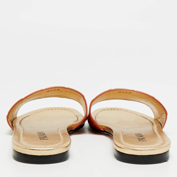 Pre Owned Prada Size 37.5 Brown Croc Embossed Leather Flat Slide