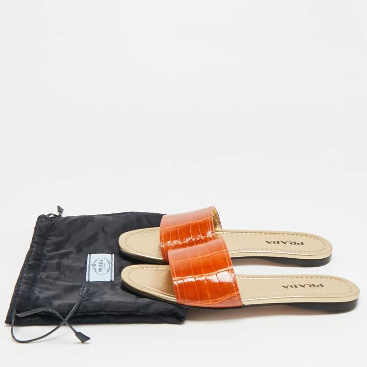 Pre Owned Prada Size 37.5 Brown Croc Embossed Leather Flat Slide