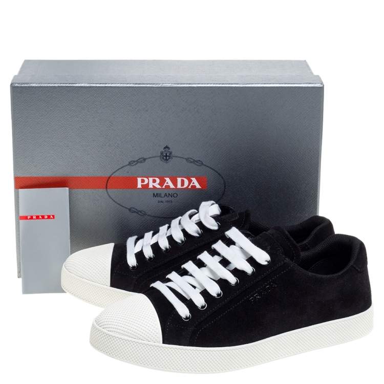 مملوكة مسبقًا Prada Sports Black Suede Leather Low Top Sneakers Size 38.5