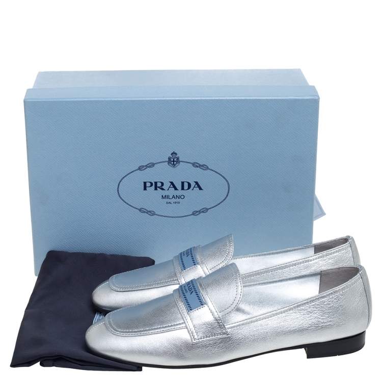 Pre Owned Prada Metallic Silver Leather Logo-Accented Loafers Size 40