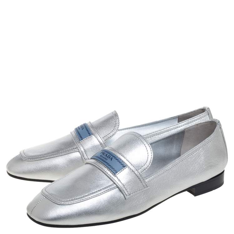 Pre Owned Prada Metallic Silver Leather Logo-Accented Loafers Size 40
