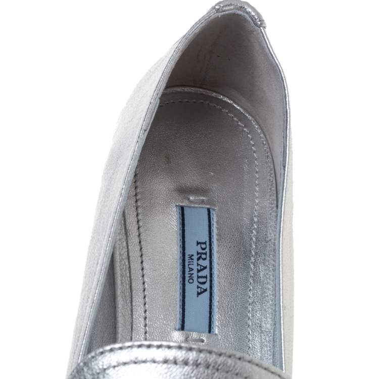 Pre Owned Prada Metallic Silver Leather Logo-Accented Loafers Size 40