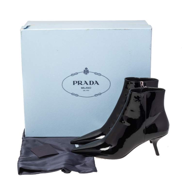Pre Owned Prada Black Patent Leather Slanted Heel Pointed Toe Ankle Boots Size 37