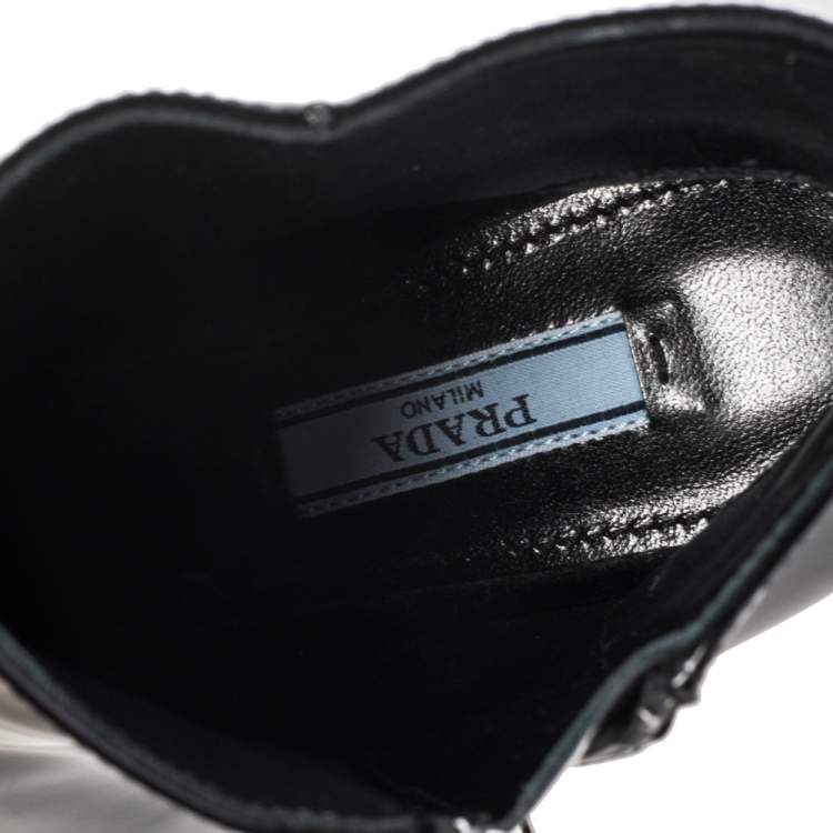 Pre Owned Prada Black Patent Leather Slanted Heel Pointed Toe Ankle Boots Size 37