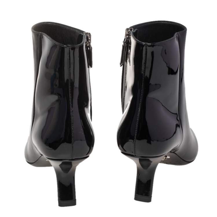 Pre Owned Prada Black Patent Leather Slanted Heel Pointed Toe Ankle Boots Size 37