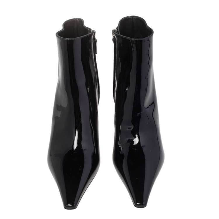 Pre Owned Prada Black Patent Leather Slanted Heel Pointed Toe Ankle Boots Size 37
