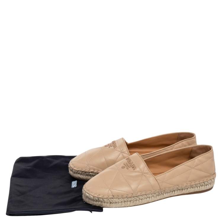 Pre Owned Prada Beige Quilted Leather Logo Espadrilles Slip On Loafers Size 37