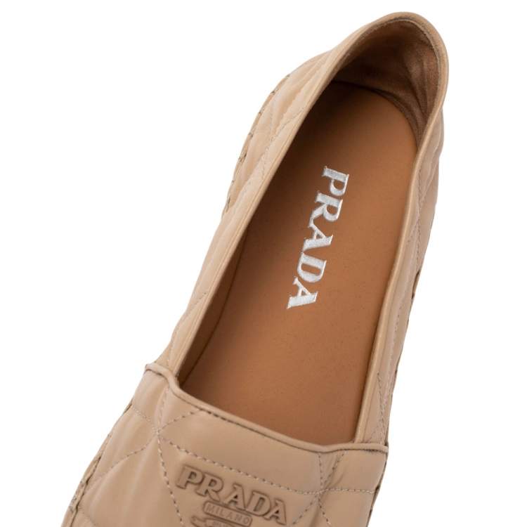 Pre Owned Prada Beige Quilted Leather Logo Espadrilles Slip On Loafers Size 37