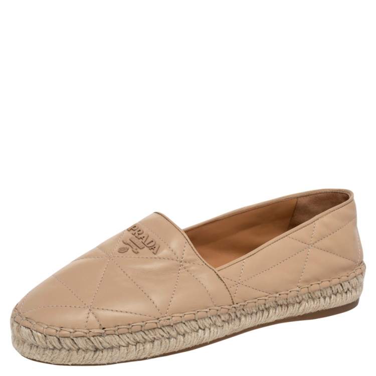 Pre Owned Prada Beige Quilted Leather Logo Espadrilles Slip On Loafers Size 37