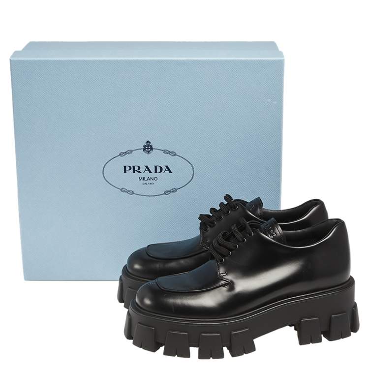 Pre Owned Prada Black Leather Lace Up Oxford Size 38.5 