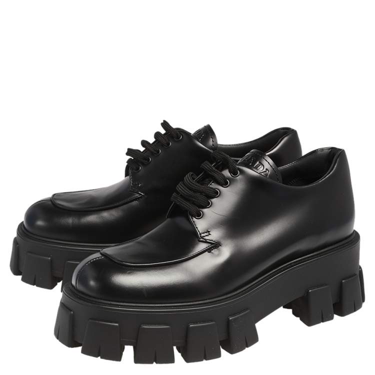 Pre Owned Prada Black Leather Lace Up Oxford Size 38.5 